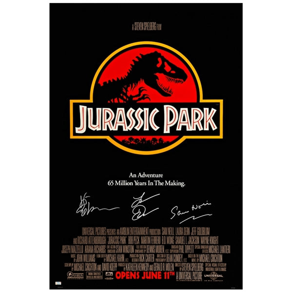 Laura Dern, Jeff Goldblum, Sam Neill Autographed 1993 Jurassic Park 27x39 Movie Poster
