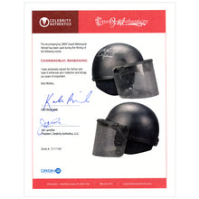 Load image into Gallery viewer, Kate Beckinsale Autographed Underworld Awakening Screen Used SWAT Guard Motorcycle Helmet Prop with &#39;Selene&#39; Inscription &amp; Kate Beckinsale Signed Letter of Authenticity