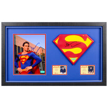 Load image into Gallery viewer, Dean Cain Autographed Lois &amp; Clark The New Adventures of Superman 1:1 Scale Superman Emblem and 8×10 Scene Photo Framed Display Set