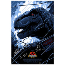 Load image into Gallery viewer, Sam Neill, Jeff Goldblum, Laura Dern Autographed Jurassic Park T-Rex 24x36 Print by Florey