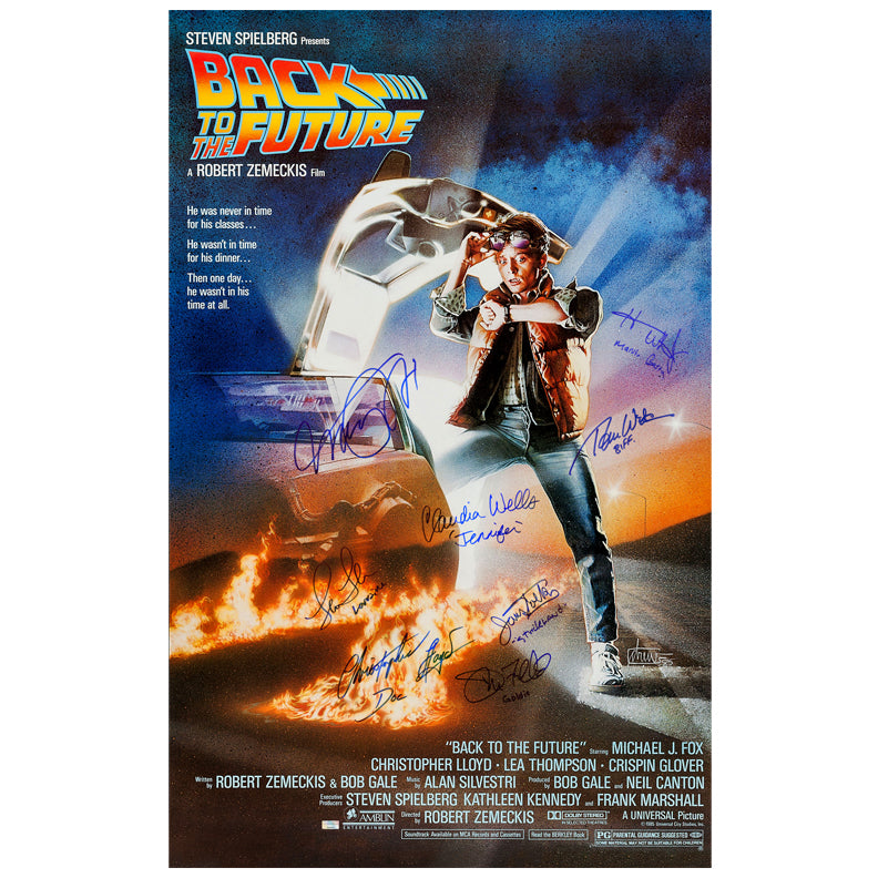 Michael J. Fox, Christopher Lloyd, Thomas Wilson, Lea Thompson, Claudia Wells Autographed 1985 Back to the Future 27x39 Single-Sided Movie Poster