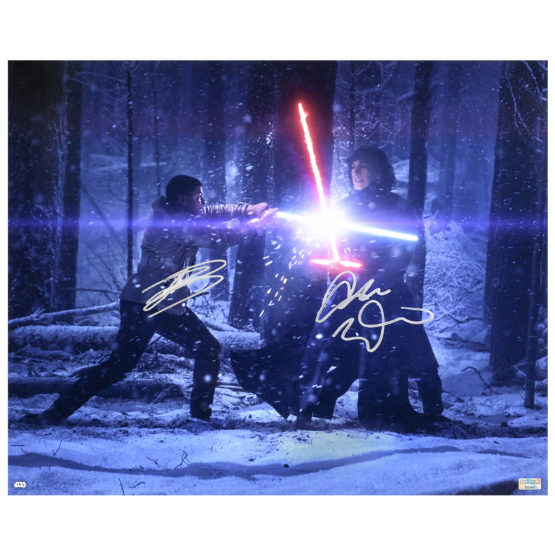John Boyega, Adam Driver Autographed 2015 Star Wars The Force Awakens Finn vs Kylo Ren 16x20 Photo