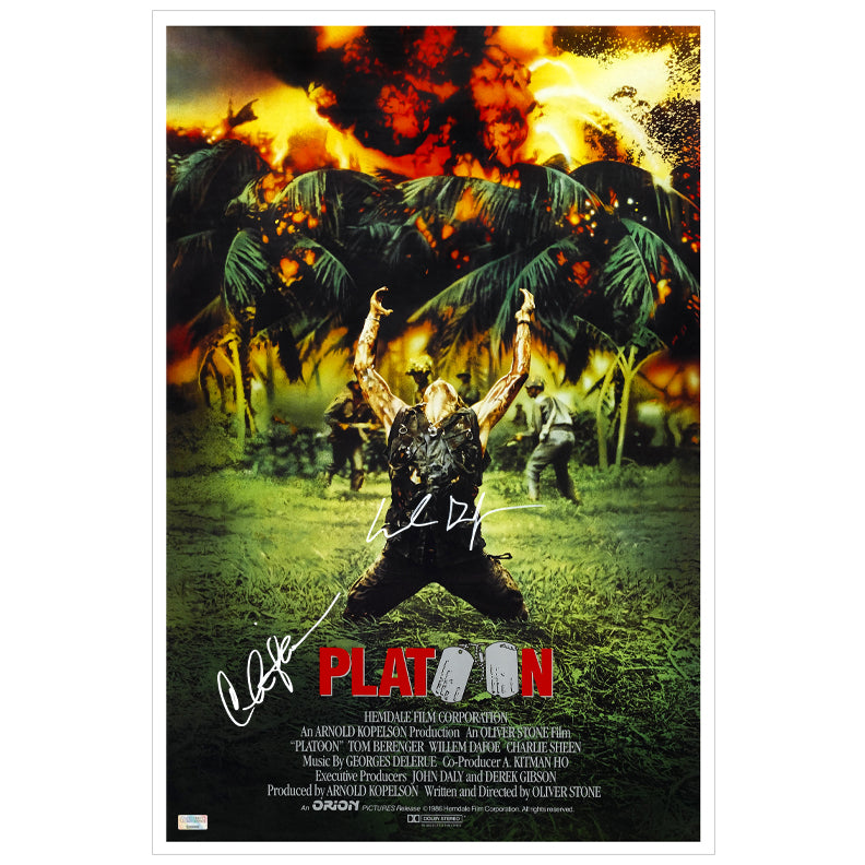 Willem Dafoe, Charlie Sheen Autographed 1986 Platoon 16x24 Movie Poster