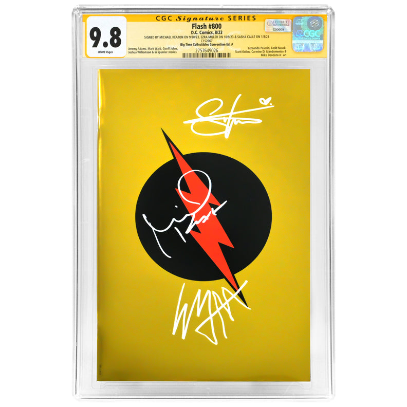 Michael Keaton, Ezra Miller, Sasha Calle Autographed 2023 Flash #800 Gold Foil Variant CGC SS 9.8