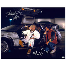 Load image into Gallery viewer, Michael J. Fox, Christopher Lloyd Autographed Back to the Future DeLorean Time Machine 16x20 Photo