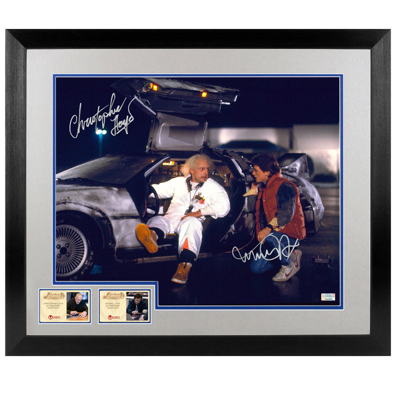 Michael J. Fox, Christopher Lloyd Autographed Back to the Future Marty McFly, Doc Brown DeLorean 16x20 Photo