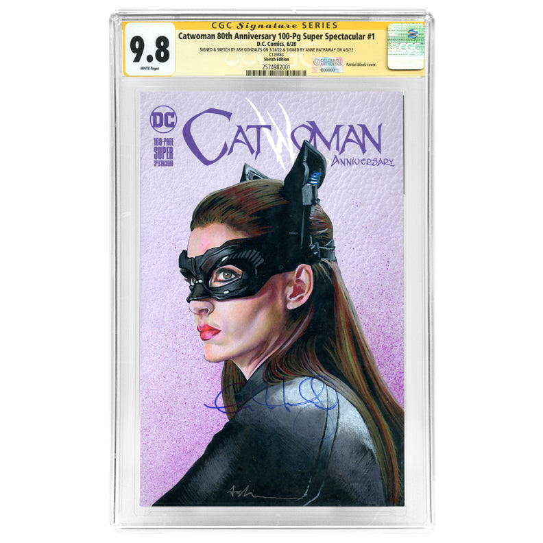 Anne Hathaway Autographed 2020 Catwoman 80th Anniversary 100-Pg Super Spectacular # 1 Original Ash Gonzalez Sketch CGC SS 9.8 Mint