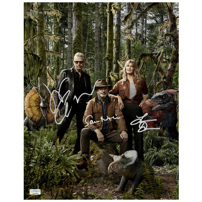 Sam Neill, Laura Dern, Jeff Goldblum Autographed 2022 Jurassic World Dominion 11x14 Photo