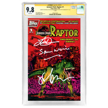 Load image into Gallery viewer, Sam Neill, Laura Dern, Jeff Goldblum Autographed Topps 1983 Jurassic Park Raptor #1 CGC SS 9.8