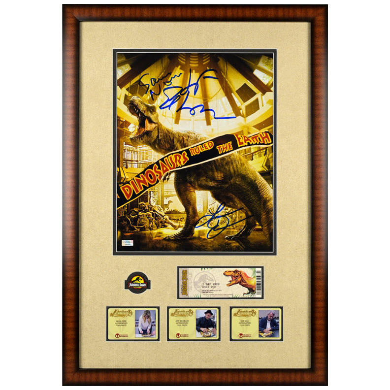 Sam Neill, Laura Dern, Jeff Goldblum Autographed 1993 Jurassic Park When Dinosaurs Ruled the Earth 11x14 Photo Framed Display
