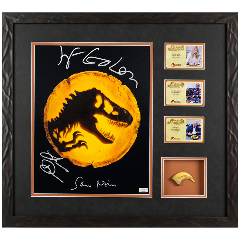 Sam Neill, Laura Dern, Jeff Goldblum Autographed Jurassic World Dominion 11x14 Photo Framed Display with Claw