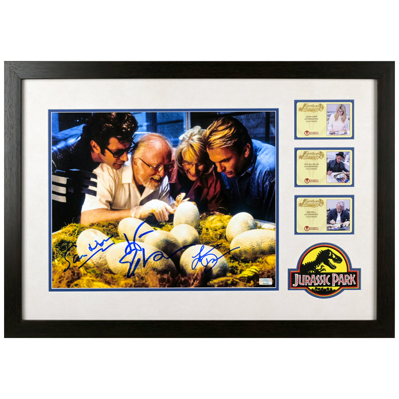 Sam Neill, Laura Dern, Jeff Goldblum Autographed 1993 Jurassic Park Hatchery 11x14 Photo Framed Display