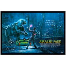Load image into Gallery viewer, Sam Neill, Jeff Goldblum, Laura Dern Autographed Jurassic Park 24x36 Print by Paul Mann