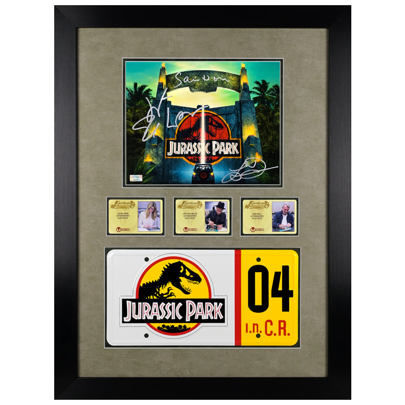 Sam Neill, Laura Dern, Jeff Goldblum Autographed Welcome to Jurassic Park 8x10 Photo License Plate Framed Display