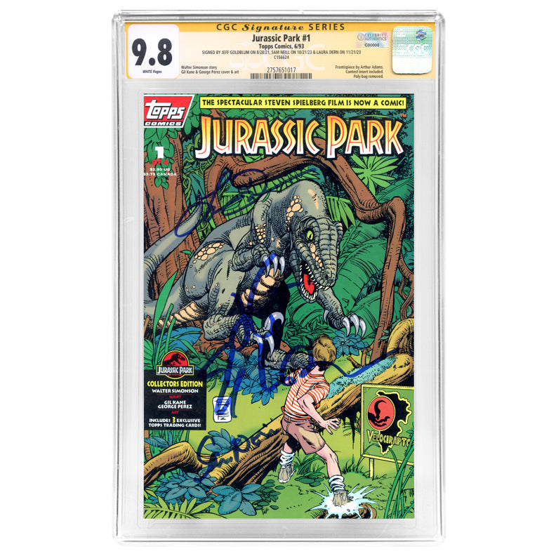 Sam Neill, Jeff Goldblum, Laura Dern Autographed 1993 Topps Jurassic Park Adventures #1 George Perez Cover CGC SS 9.8