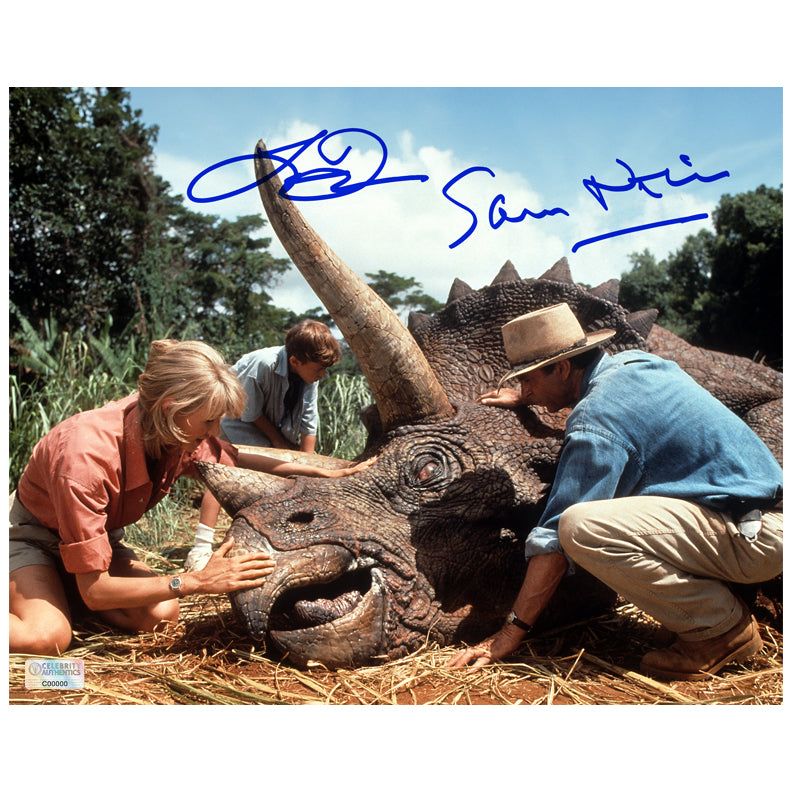 Laura Dern and Sam Neill Autographed 1993 Jurassic Park Triceratop Rescue 8x10 Photo