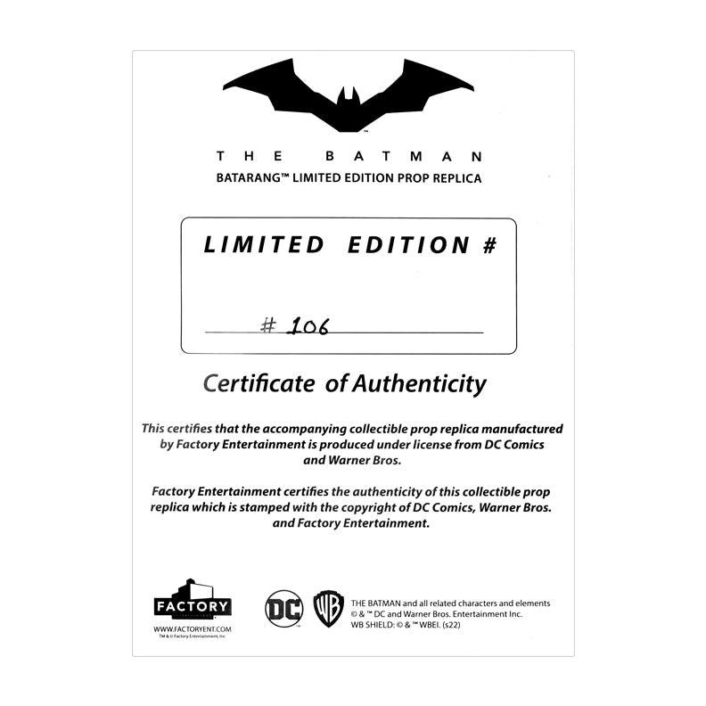 Robert Pattinson Autographed Factory Entertainment The Batman Batarang Limited Edition Prop Replica