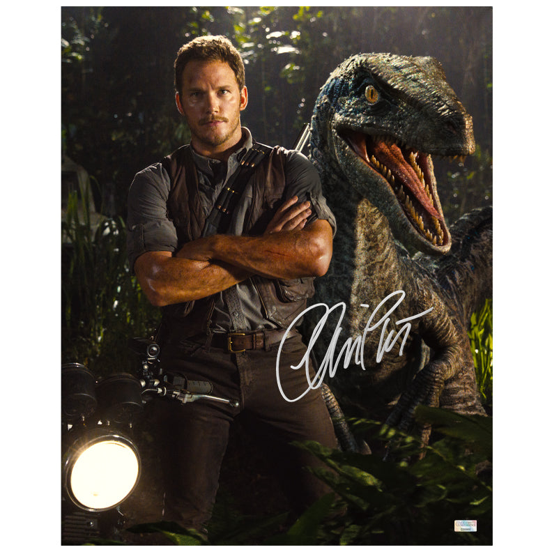 Chris Pratt Autographed Jurassic World Owen and Blue 16×20 Photo