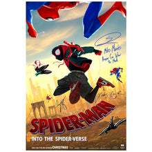 Load image into Gallery viewer, Shameik Moore, Nicolas Cage, Zoe Kravitz Autographed Spider-Man Into The Spider-Verse Double-Sided Original 27x40 Movie Poster with Inscription