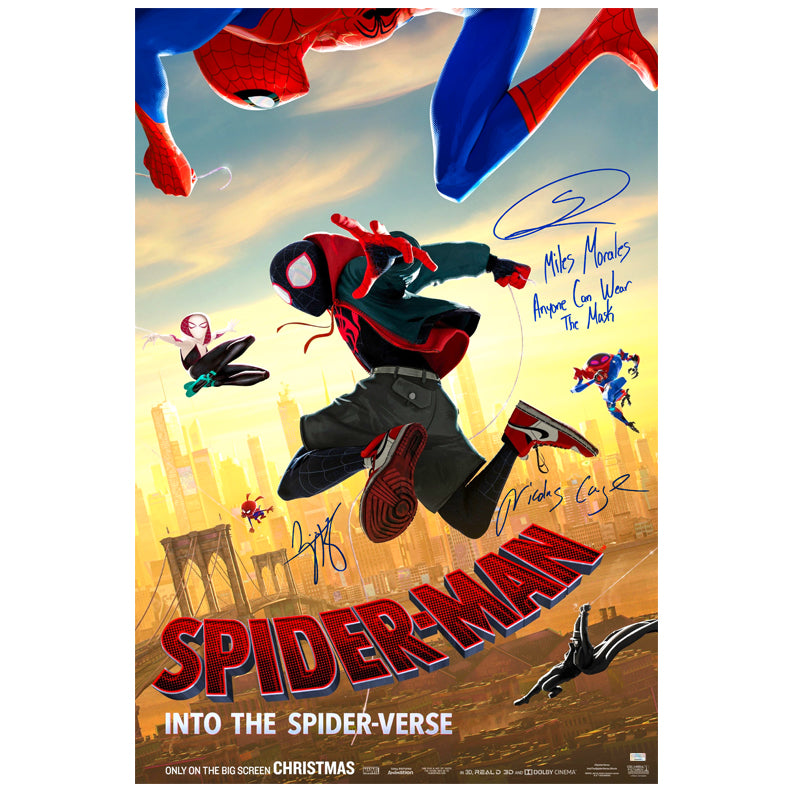 Shameik Moore, Nicolas Cage, Zoe Kravitz Autographed Spider-Man Into The Spider-Verse Double-Sided Original 27x40 Movie Poster with Inscription