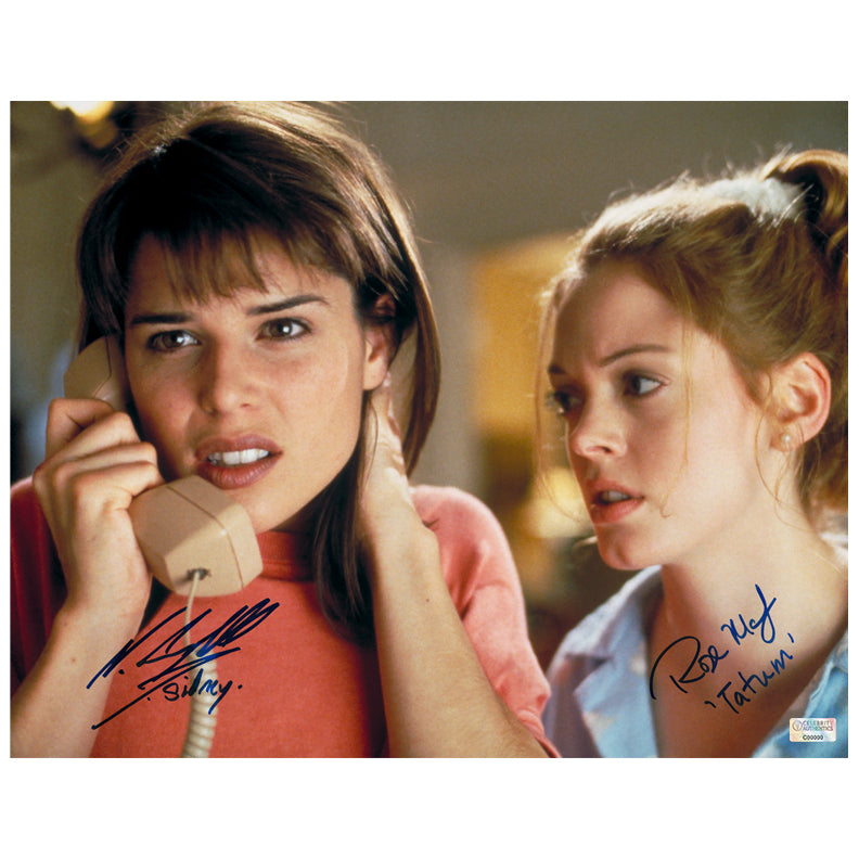 Neve Campbell, Rose McGowan Autographed Scream Sidney Prescott and Tatum Riley 11x14 Scene Photo