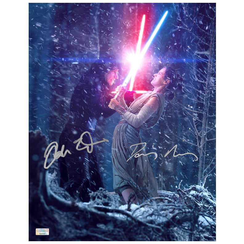 Daisy Ridley, Adam Driver Autographed Star Wars The Force Awakens 11x14 Battle Photo