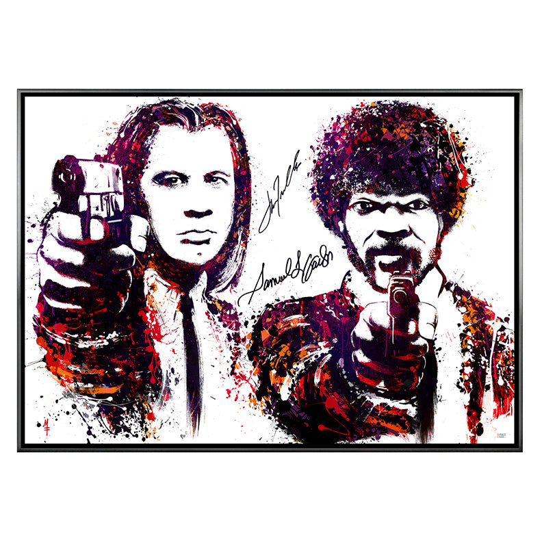 John Travolta, Samuel L. Jackson Autographed Michael Ferrari Pulp Fiction 29.5" x 40.5" Framed Canvas Giclée