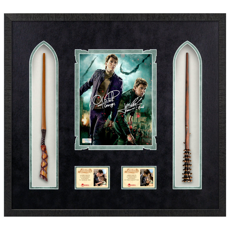 Oliver & James Phelps Autographed Harry Potter Fred & George Weasley 8×10 Photo With Wands Framed Display