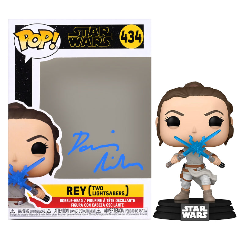 Daisy Ridley Autographed Star Wars: The Rise of Skywalker Rey Two Blue Lightsabers POP Vinyl Figure
