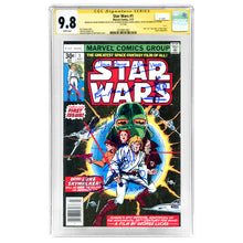 Load image into Gallery viewer, Harrison Ford, Carrie Fisher, Mark Hamill, David Prowse, Baker, Mayhew, Daniels Star Wars Cast Autographed 1977 Star Wars #1 Newsstand CGC SS 9.8