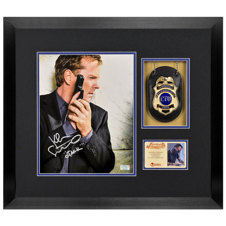 Kiefer Sutherland Autographed 24 Jack Bauer 8x10 Framed Photo with Replica Police Badge