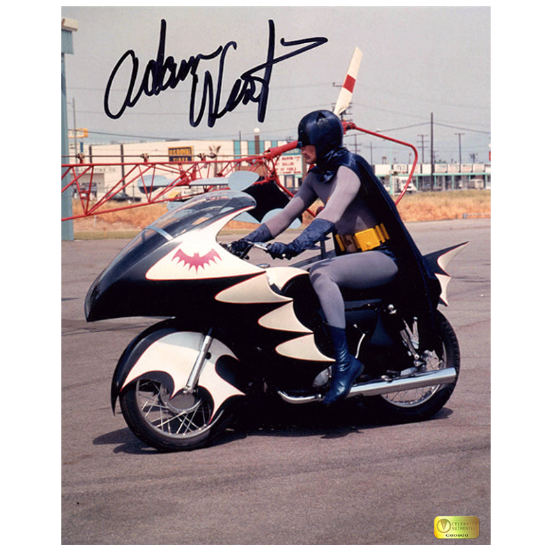 Adam West Autographed 1966 Batman Batcycle 8x10 Photo
